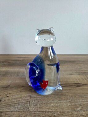 Art Glass Cat with Red Fish Statue Figurine